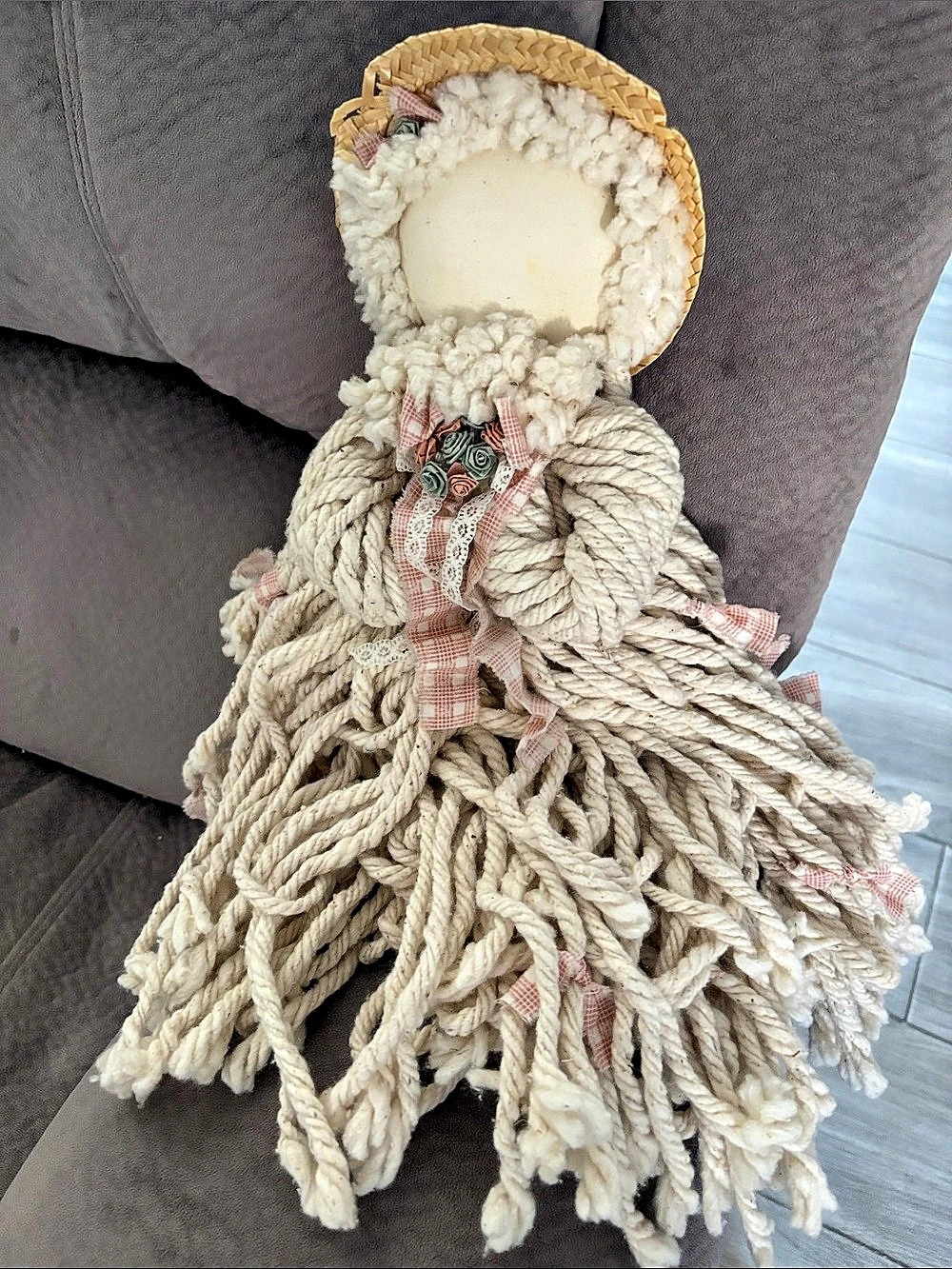 Handmade Yarn Figure with Straw Hat
